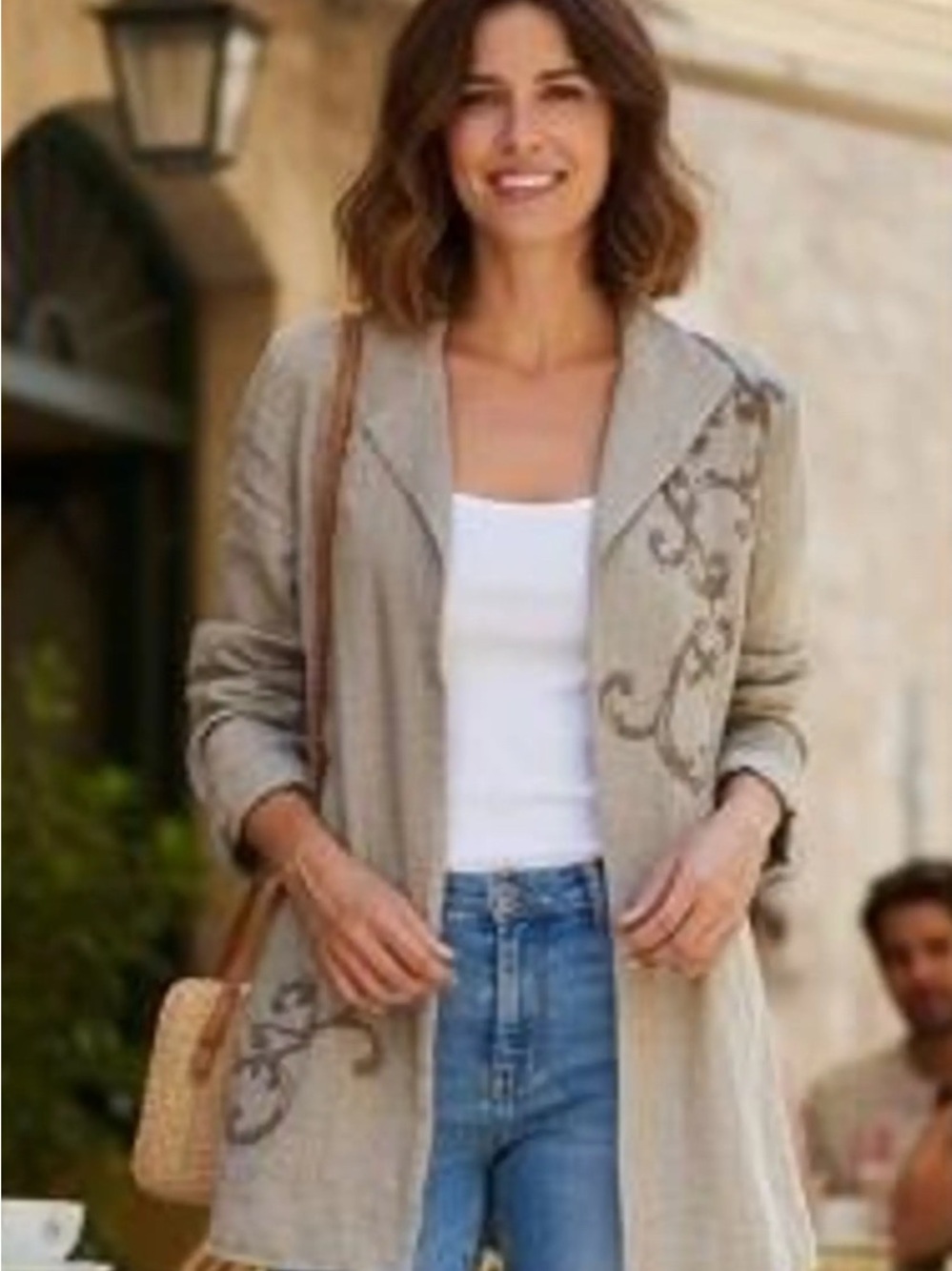 Coldwater Creek Beige Open-Front Cardigan with Scroll Embroidery